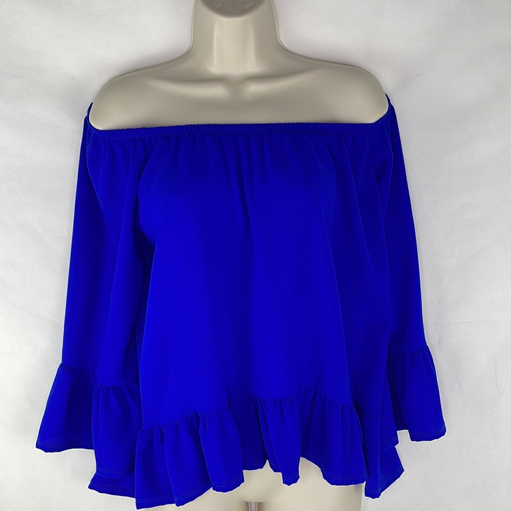 Royal Blue Off the Shoulder Top Flounce Cuff & Hem